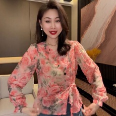 批发法式复古<b class='q'>碎花</b>防晒长袖<b class='q'>衬衫</b>女夏季轻薄雪纺衫宽松显瘦收腰系带上衣