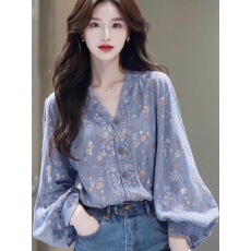 批发春夏法式绝美独特淑女气质森系蓝色<b class='q'>碎花</b>长袖<b class='q'>衬衫</b>上衣女宽松慵懒风