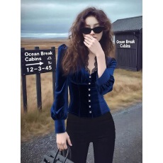 批发秋冬新款法式小众设计感内搭上衣轻奢减龄洋气打底宝蓝色丝绒衬衫