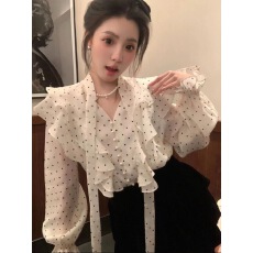 批发法式荷叶边波点雪纺衬衫女早秋季2024新款高级感独特别致长袖上衣