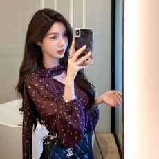 批发紫色波点V领飘带雪纺衬衫女秋季法式收腰气质独特超好看长袖上衣