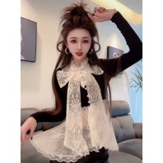 批发2025秋冬新款重工钉珠设计洋气蕾丝拼接收腰<b class='q'>修身</b>木耳边立领<b class='q'>T</b><b class='q'>恤</b>女