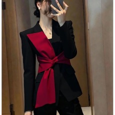 批发秋季复古慵懒松弛感小西服上衣韩系气质优雅洋气红黑拼接西装外套