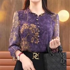 批发新款高档春秋杭州<b class='q'>时尚</b>衬衫洋气九分印花<b class='q'>时尚</b>小衫<b class='q'>妈妈装</b>上衣