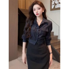 批发法式气质Polo领条纹单排扣长袖<b class='q'>衬衫女</b>早秋新款设计感外套显瘦上衣