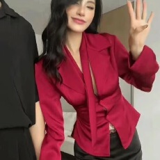 批发法式气质红色<b class='q'>西装</b>领收腰衬衫女早秋新款纯欲性感修身小众别致衬衣