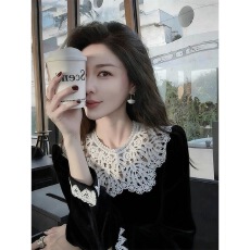 批发法式复古蕾丝拼接丝绒打底<b class='q'>衬衫</b>女高级设计感秋冬显瘦<b class='q'>气质</b>长袖上衣