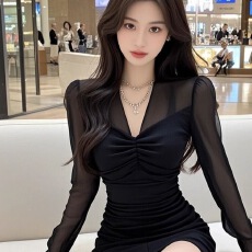 批发2025法式秋款纯欲<b class='q'>莫代尔</b>拼接短裙青春气质名媛长袖V领