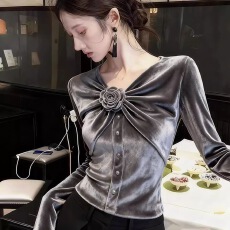 批发丝绒上衣女2025冬季小众不撞款独特漂亮<b class='q'>气质</b>高级感打底<b class='q'>衬衣</b>