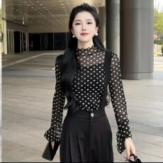 批发【流动波点】2025春季新款半高领波点长袖<b class='q'>T</b><b class='q'>恤</b>女百搭显瘦网纱上衣