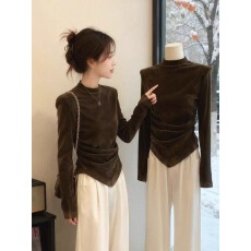 批发法式气质丝绒半高领长袖<b class='q'>T</b><b class='q'>恤</b>女秋冬新款修身显瘦不规则打底衫上衣