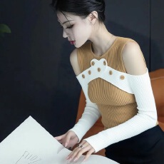 批发欧货小众不撞款上衣<b class='q'>高级</b>感超好看别致独特拼接露肩内搭针织衫女秋