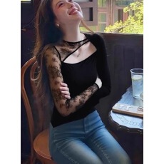 批发法式独特黑色蕾丝镂空长袖<b class='q'>t</b><b class='q'>恤</b>女秋冬内搭设计感辣妹<b class='q'>露肩</b>打底上衣