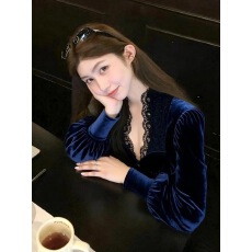 批发法式赫本风别致绝美气质轻奢高级感女人味蓝色<b class='q'>蕾丝</b>丝绒<b class='q'>衬衫</b>女秋冬