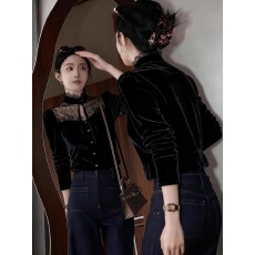 批发法式黑色丝绒<b class='q'>蕾丝</b>拼接<b class='q'>衬衫</b>女20225年秋装轻奢高级感修身长袖<b class='q'>衬衣</b>