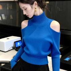 批发蓝色高领露肩毛衣女冬<b class='q'>高级</b>感独特漂亮减龄气质小香风掐腰针织上衣