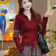 批发2025秋冬新款拼接洋气打底<b class='q'>休闲</b>百搭毛衣半开领复古时尚长袖针织衫