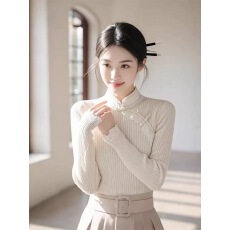 批发新中式白色斜襟盘扣针织衫女2024秋冬新款<b class='q'>高级</b>感超好看洋气上衣服