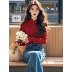 批发新中式女装国风红色盘扣内搭打底针织上衣<b class='q'>高级</b>感别致独特小衫秋冬