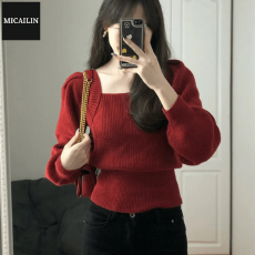 批发MICAILIN<b class='q'>高级</b>感超好看复古针织衫法式方领时尚灯笼袖毛衣