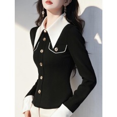 批发韩系职业<b class='q'>气质</b>轻熟风黑色翻领修身显瘦<b class='q'>衬衫</b>女2025年新款轻奢高级感