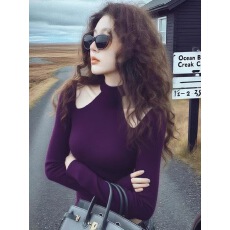 秋冬季镂空辣妹紫色新款打底衫女内搭设计感显瘦长袖上衣