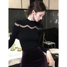 批发早秋复古甜辣妹黑色镂空针织<b class='q'>打底衫</b>女内搭设计感修身长袖百搭上衣