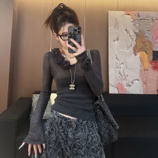 批发立体花朵v领长袖羊毛针织衫女2025秋季新款软糯打底毛衣修身上衣