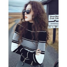 批发韩系撞色条纹高领针织衫女秋冬款高级感修身显瘦长袖内搭打底上衣