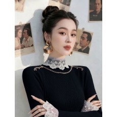 批发秋冬独特复古黑色钉珠高领毛衣针织<b class='q'>打底衫</b>女内搭蕾丝拼接长袖上衣