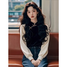 批发2024春秋新款冷淡系高级感打底上衣新中式国风黑色丝绒盘扣<b class='q'>衬衫</b>女