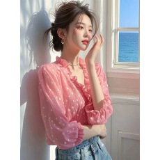 批发粉色<b class='q'>波点</b>v领木耳边<b class='q'>雪纺</b><b class='q'>衬衫</b>女设计感小众春秋独特超好看绝美上衣