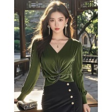 批发法式V领<b class='q'>长袖</b>丝绒<b class='q'>衬衫</b>女秋冬轻熟风修身显瘦打底衫气质名媛款上衣