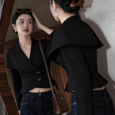 批发法式气质黑色翻领衬衫女2025年秋季新款<b class='q'>职业</b>通勤气质掐腰短款衬衣