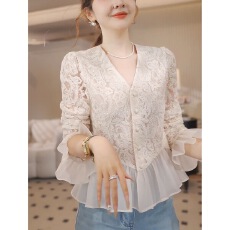 批发法式优雅白色蕾丝<b class='q'>衬衫</b>收腰显瘦薄款V领慵懒御姐微透拼接<b class='q'>气质</b>上衣