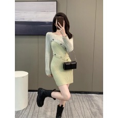 批发设计香风不规则<b class='q'>连衣裙</b><b class='q'>撞色</b>针织长袖秋季新款名媛法式气质显瘦收腰