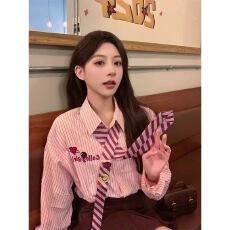 2025春秋新款学院风粉色条纹领带衬衫韩版甜美小众减龄慵懒上衣潮
