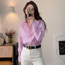 批发粉色条纹衬衫<b class='q'>长袖</b>衬衣2024年新款女款秋季法式轻熟上衣设计感高级