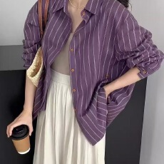 批发欧货紫色<b class='q'>衬衫</b>条纹港风休闲防晒上衣外套夏季新款宽松百搭减龄上衣