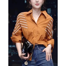 批发时尚范气质条纹撞色单排扣<b class='q'>长袖</b><b class='q'>衬衫</b>设计感小众别致宽松显瘦上衣潮