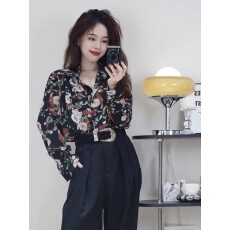 批发春秋新款茶系穿搭气质炸街高级感韩剧小香风碎花<b class='q'>长袖</b><b class='q'>衬衫</b>女设计感