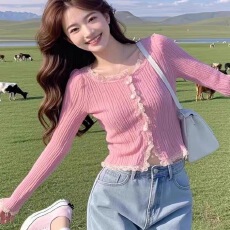 批发2025小香风外套针织花边新款针织衫<b class='q'>开衫</b><b class='q'>短款</b>设计修身长袖蕾丝上衣