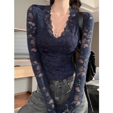 批发秋季新款时尚蕾丝打底纯欲性感修身显瘦长袖<b class='q'>T</b><b class='q'>恤</b>小众设计上衣潮流