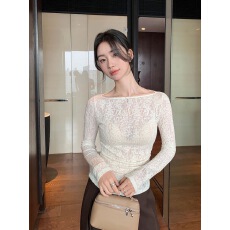 批发法式优雅感一字领长袖透视蕾丝衫冬季气质修身内搭显瘦<b class='q'>T</b><b class='q'>恤</b>上衣女