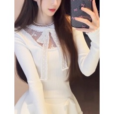 批发秋<b class='q'>冬</b>纯欲甜辣白色蕾丝拼接蝴蝶结打底衫女内搭设计感修身长袖上衣