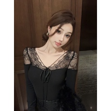 批发黑色蕾丝拼接v领T恤女<b class='q'>冬</b>季纯欲风性感内搭打底衫辣妹紧身显瘦上衣