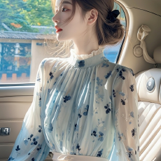 批发2025年新款<b class='q'>小衫</b>超好看独特漂亮法式小香风高级感蓝色印花高领上衣