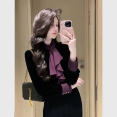 批发黑色丝绒上衣2025冬季轻奢高级感绝美巨好看气质名媛收腰内搭<b class='q'>衬衫</b>