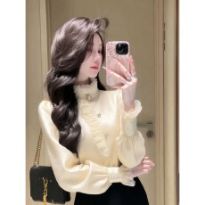 批发杏色<b class='q'>衬衫</b>2025冬季爆款独特超好看高级感轻奢减龄洋气收腰内搭上衣