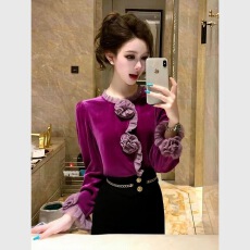 批发紫色丝绒<b class='q'>衬衫</b>2025冬季独特超好看轻奢高级感法式气质收腰内搭上衣